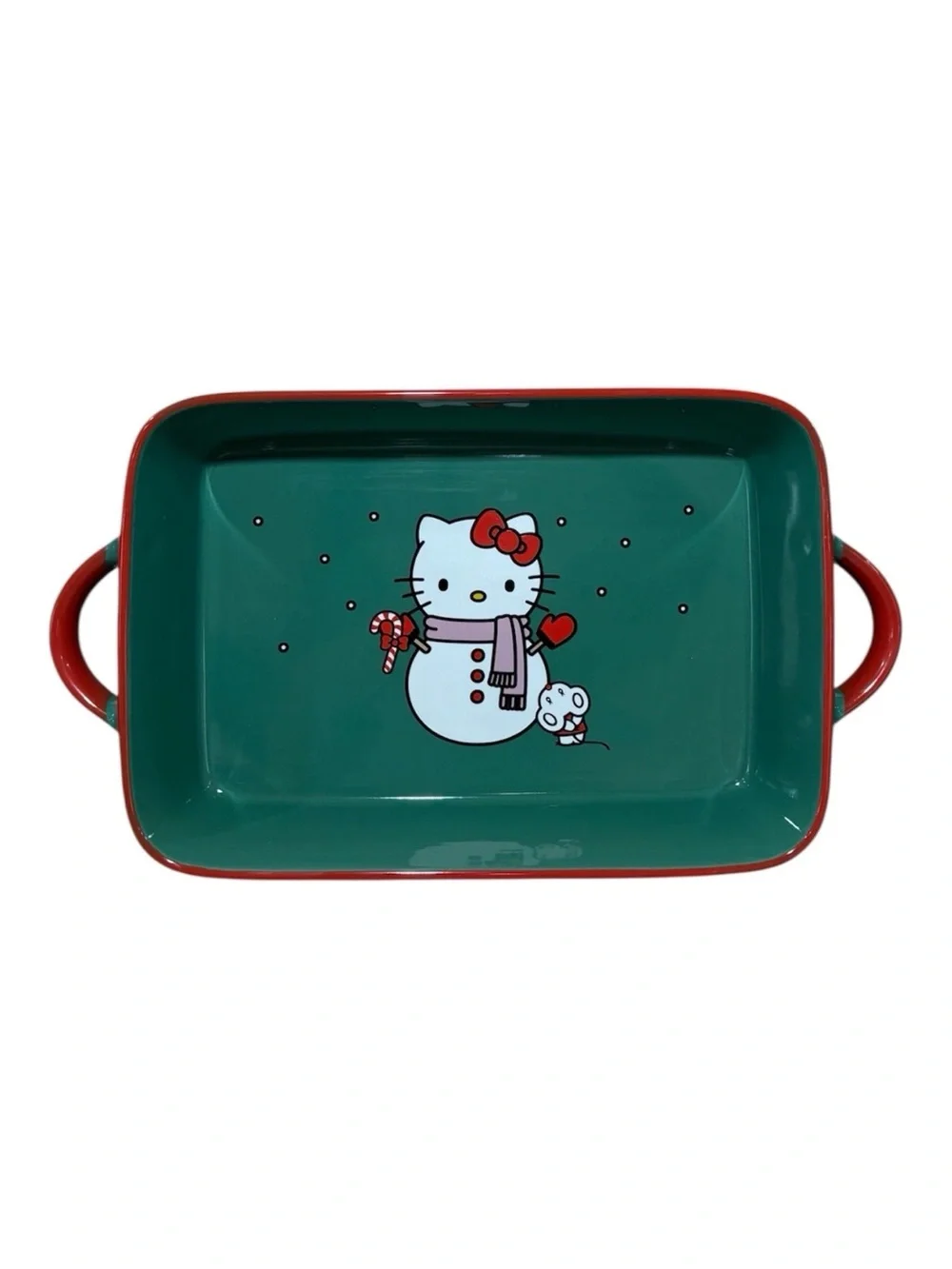 Hello Kitty Rectangle Baking Dish Christmas Snowman Green Sanrio Ceramic Pan